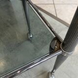 Vintage 1950s silver metal bar cart with wheels and two glass shelves