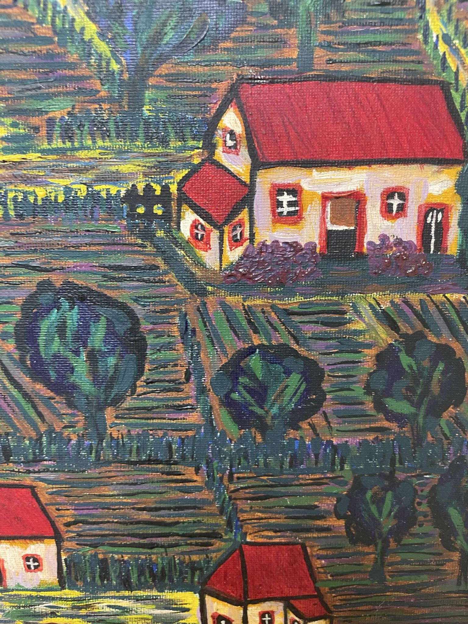 Peinture le village aux toits rouge