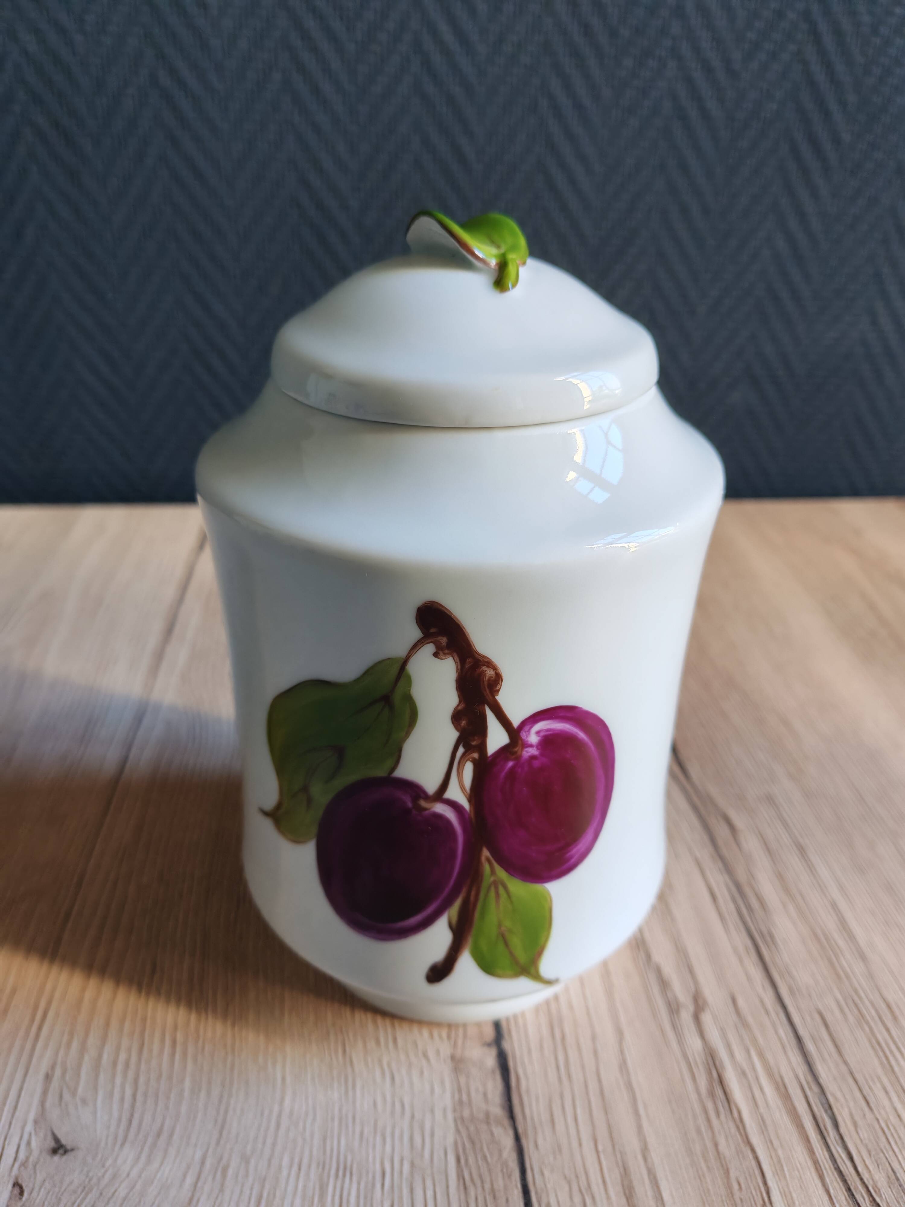 Porcelain jam pot with hand-painted plum design, signed sweet jar.