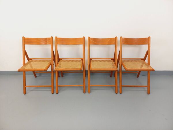 Suite de 4 chaises pliantes Habitat vintage en bois de hêtre et cannage