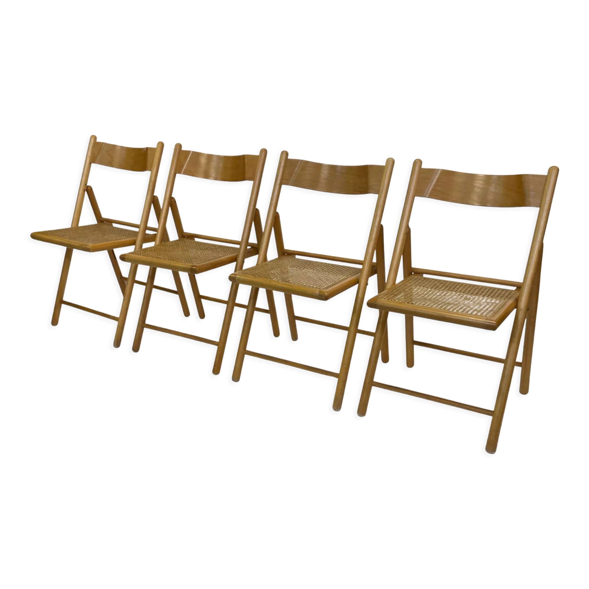 Set of four vintage folding chairs with webbing and wood 1970s