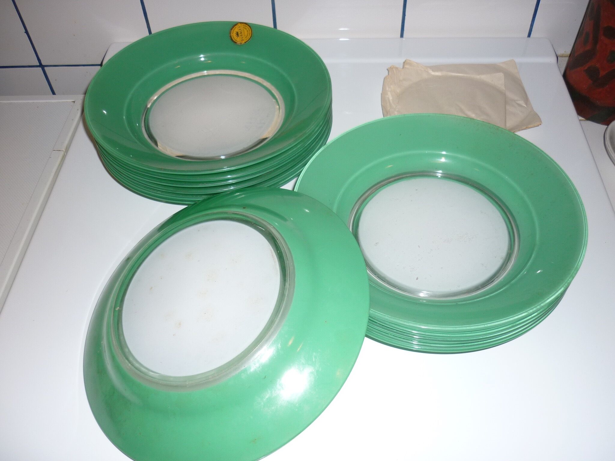 Set of 6 Duralex green hollow plates