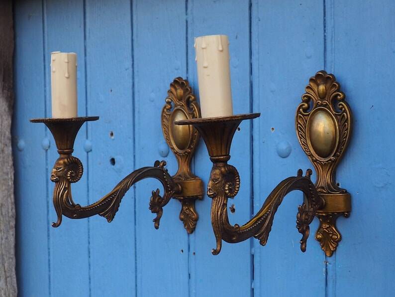 Vintage Rams Head French Bronze Wall Sconces Wall Lights C1930s Pair