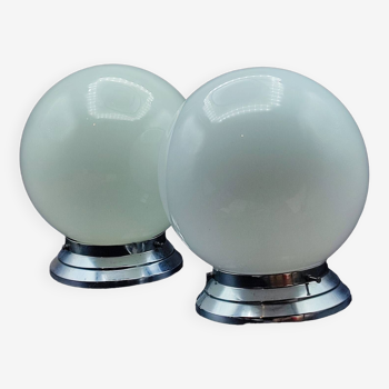 Pair of art deco opaline ceiling ball lamps