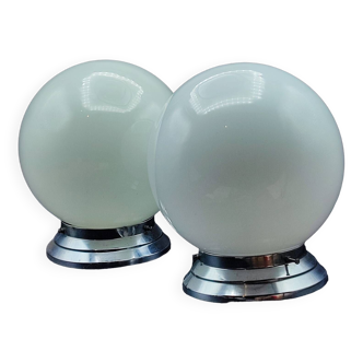 Pair of art deco opaline ceiling ball lamps