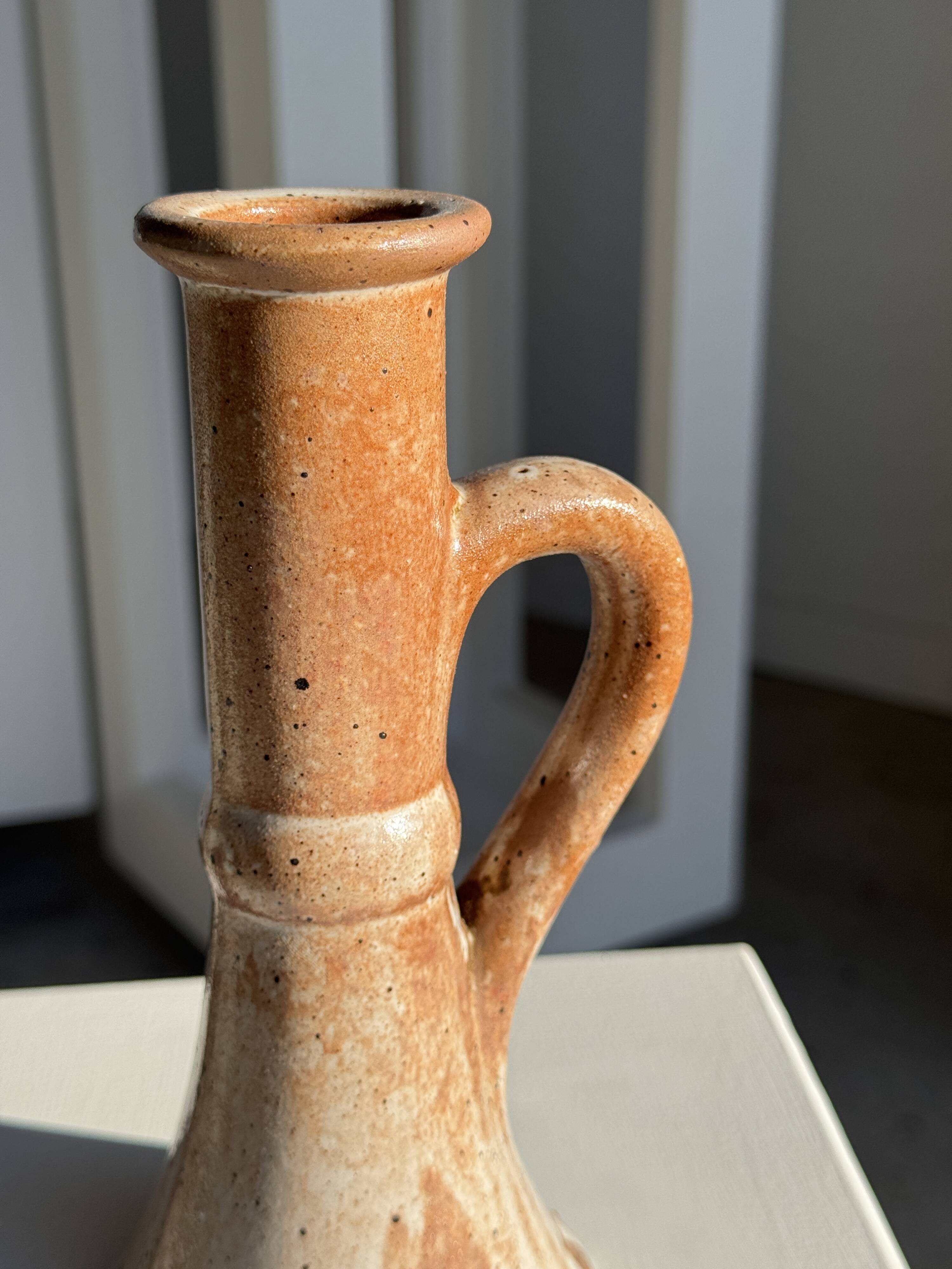 Large antique handmade stoneware candlestick H20