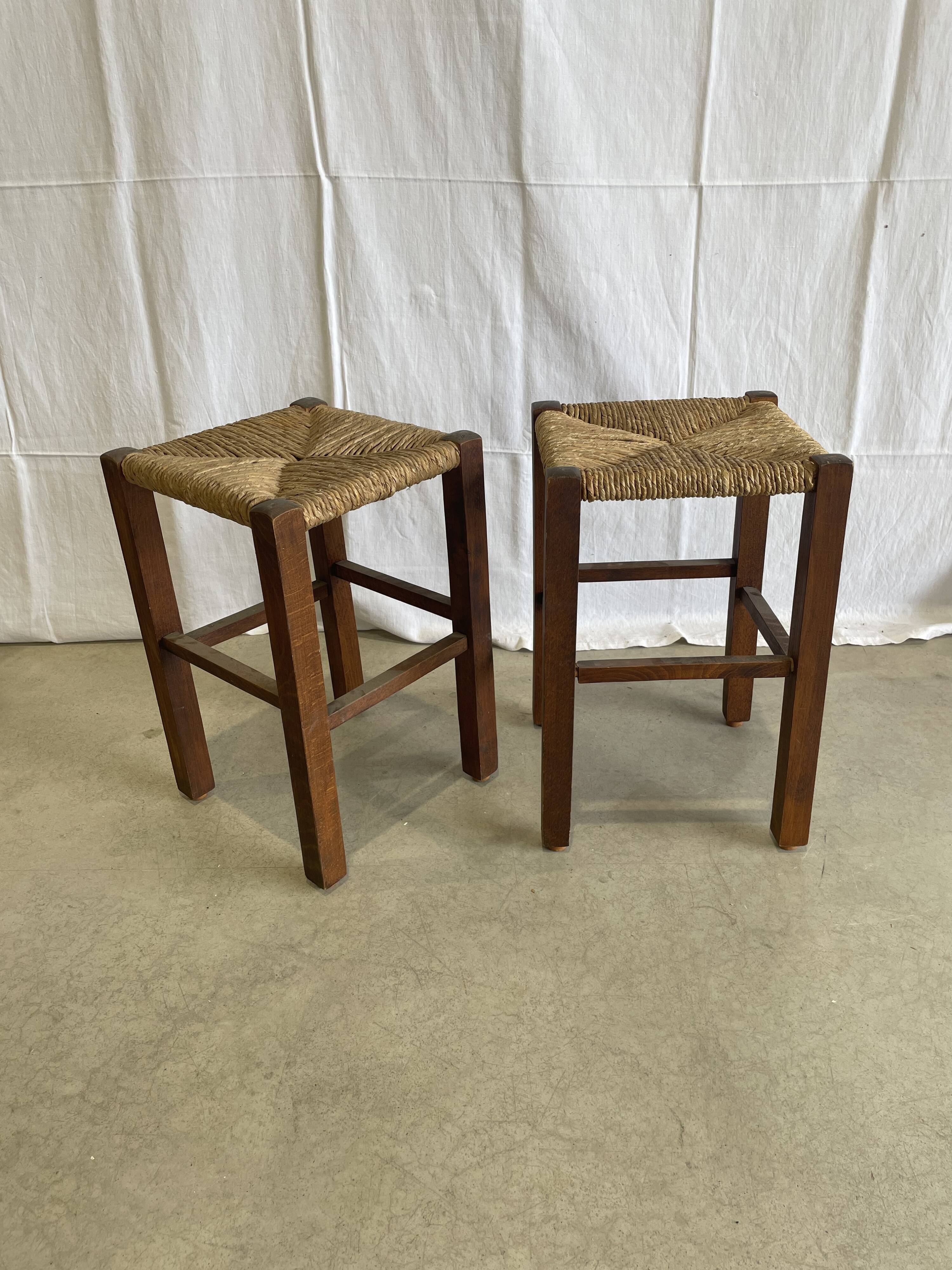 Pair of straw and wood stools
