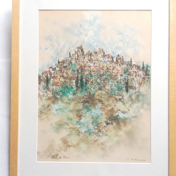 Saint Paul De Vence Pastel original signé 1982 Cadre