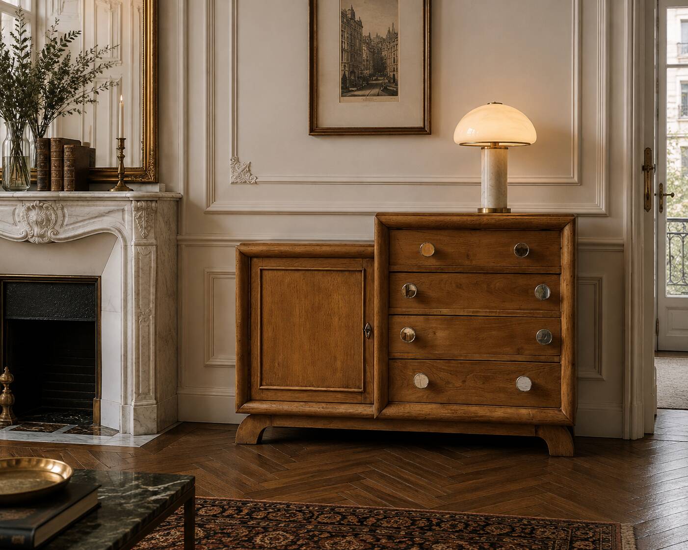 Commode asymétrique art déco chêne brut rénovée