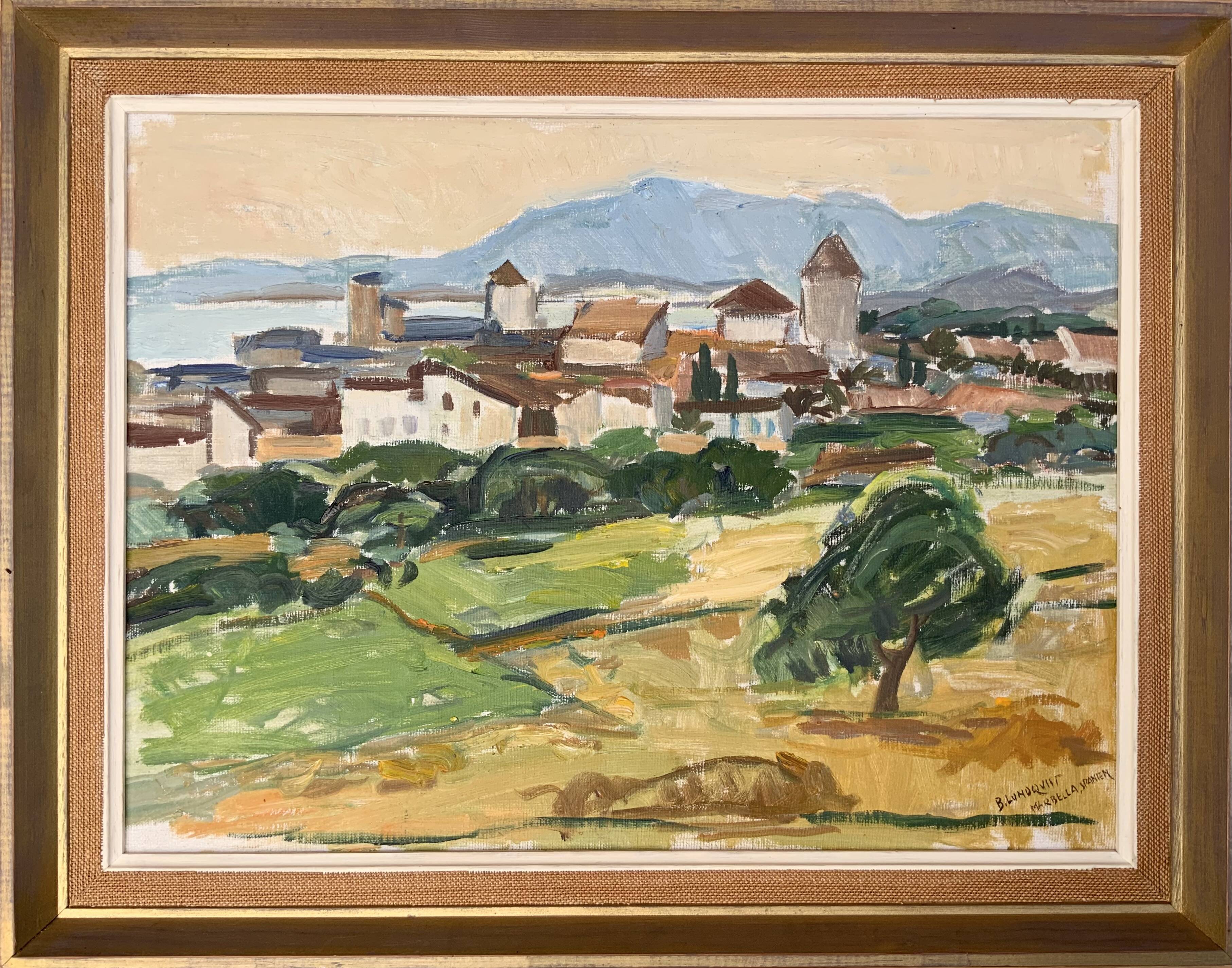 Peinture à l’huile de paysage impressionniste suédois du milieu du 20e siècle « Marbella » années 1960