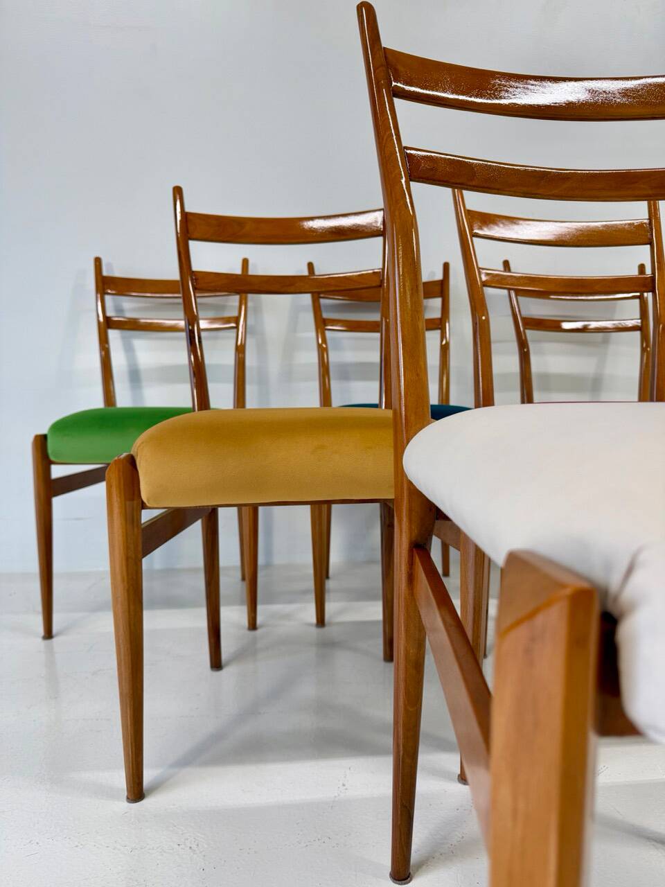 Set of Six Italian Art Deco Walnut Chairs with Colorful Velvet Seats, 1950s