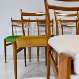 Set of Six Italian Art Deco Walnut Chairs with Colorful Velvet Seats, 1950s