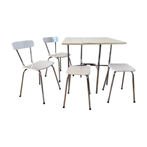 Table modulable en formica avec ses 2 chaises et 2 tabourets couleur blanc marbré années 70