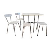 Modular table in formica with its 2 chairs and 2 stools in marbled white 70s