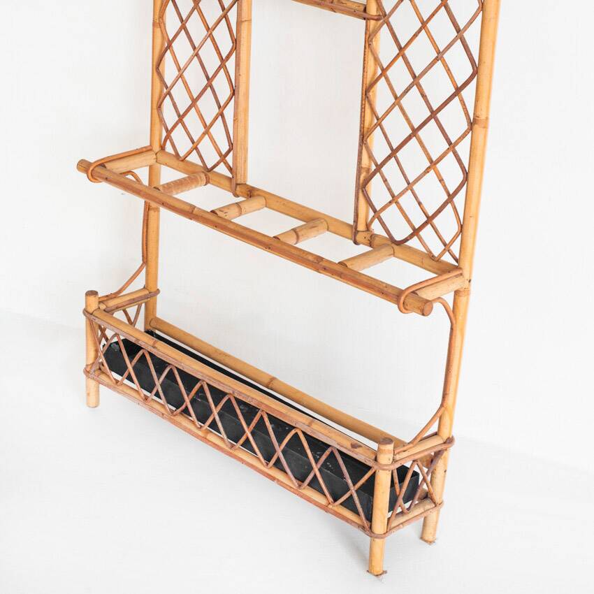 Vintage hall coat rack with mirror. Cane and metal. France, 1960s