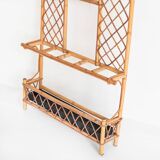 Vintage hall coat rack with mirror. Cane and metal. France, 1960s