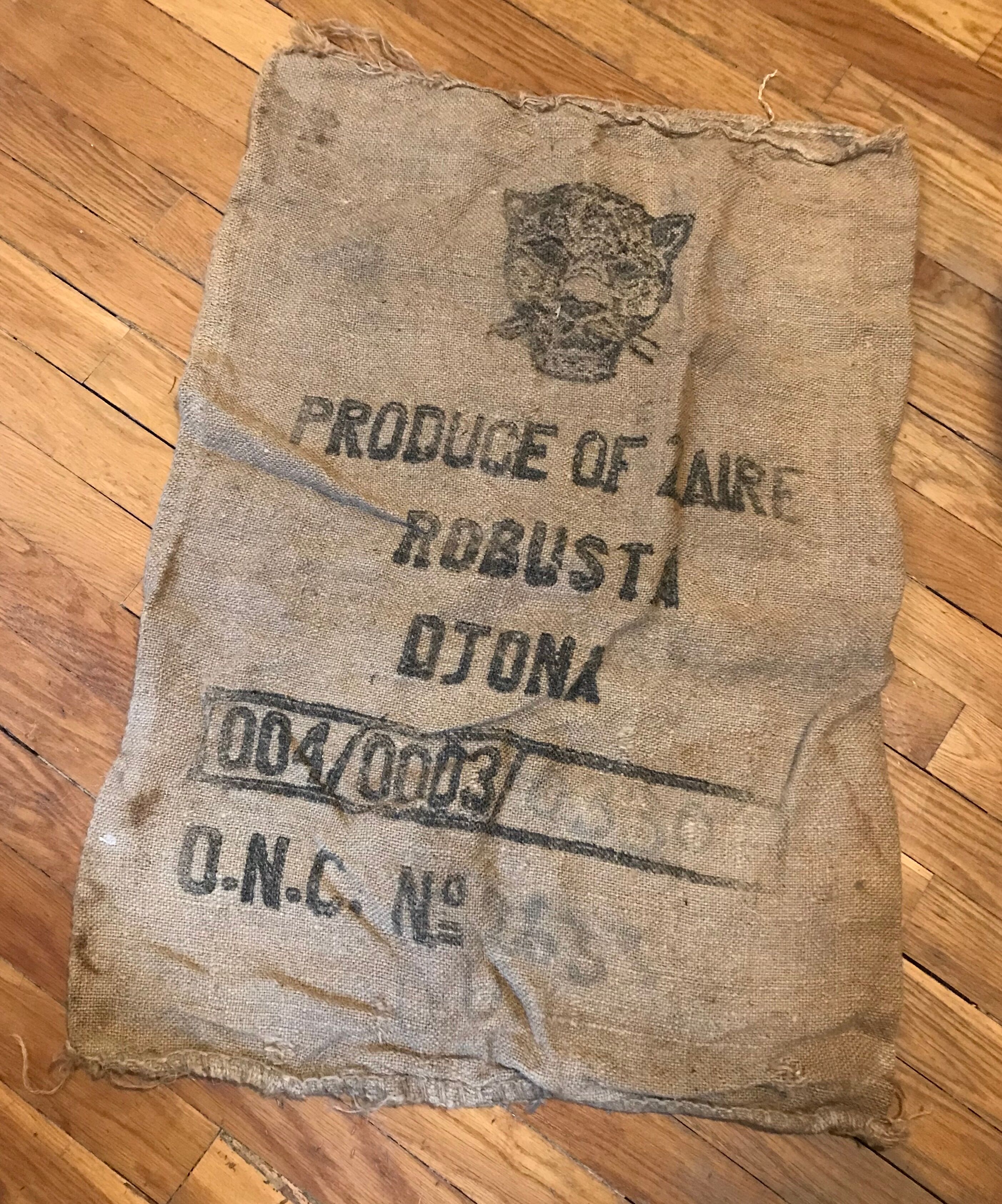 Robusta Zaire coffee bag leopard head burlap