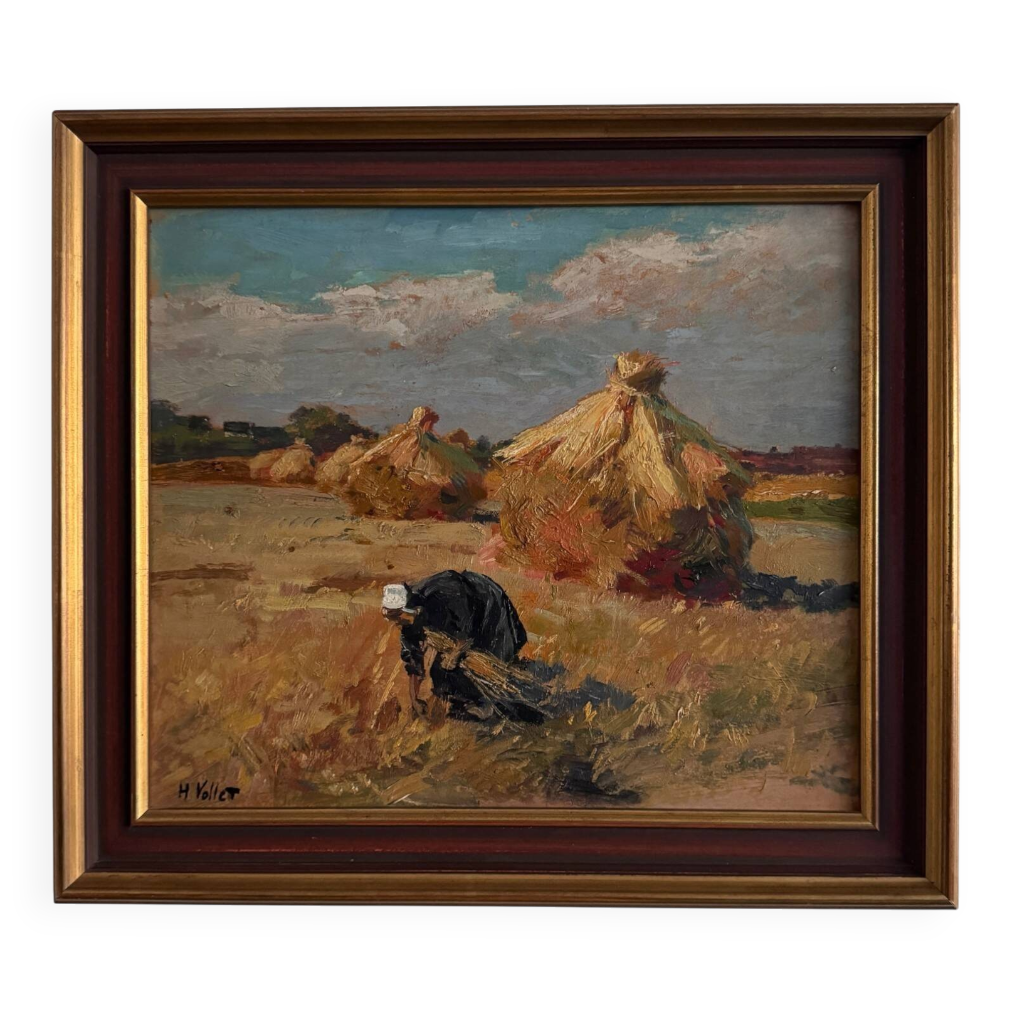 Oil on panel by Henri Vollet Breton woman gathering hay