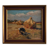 Oil on panel by Henri Vollet Breton woman gathering hay