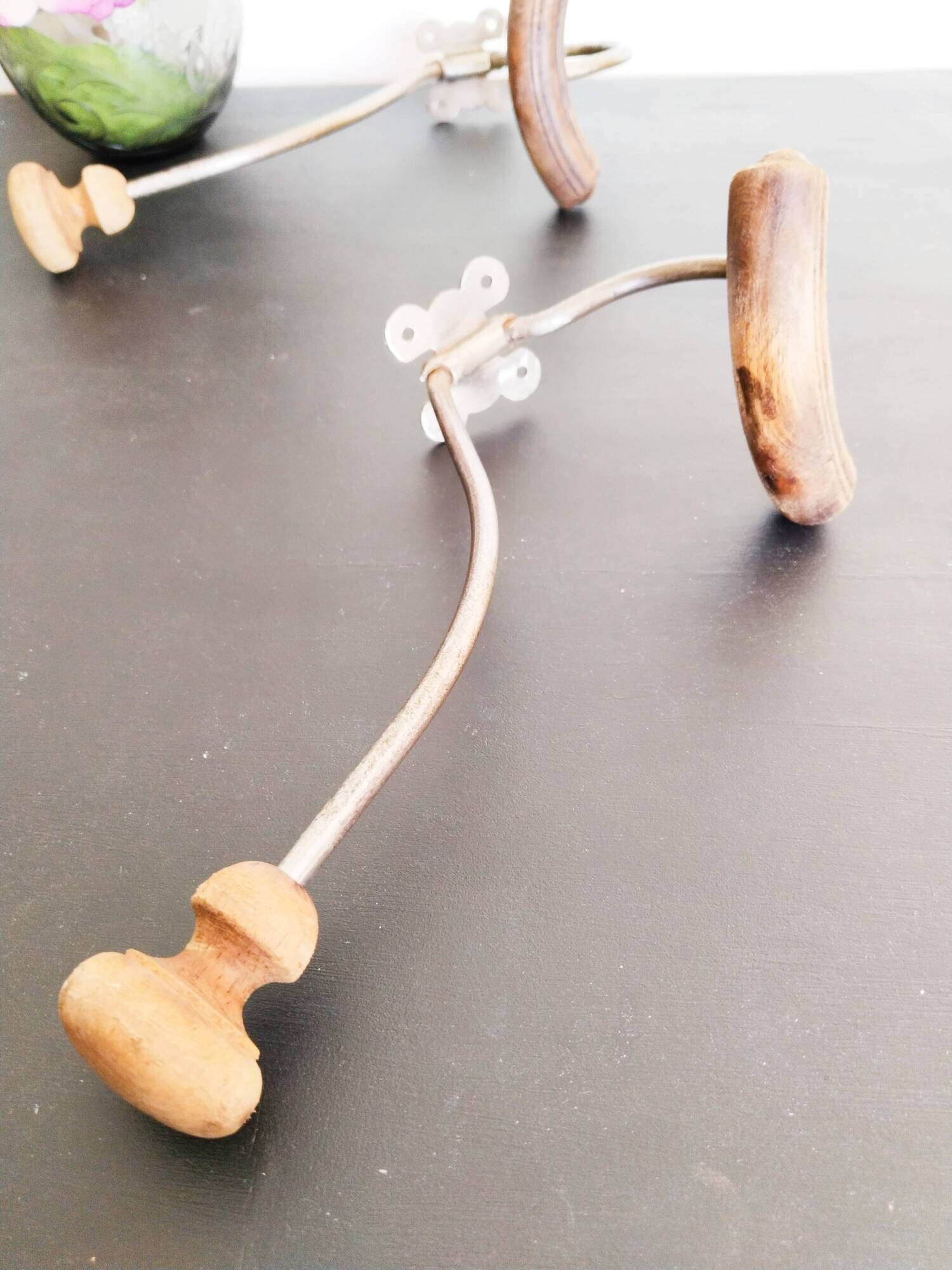 Coat racks in wood and iron, vintage coat hooks, 50s/60s, cloakroom