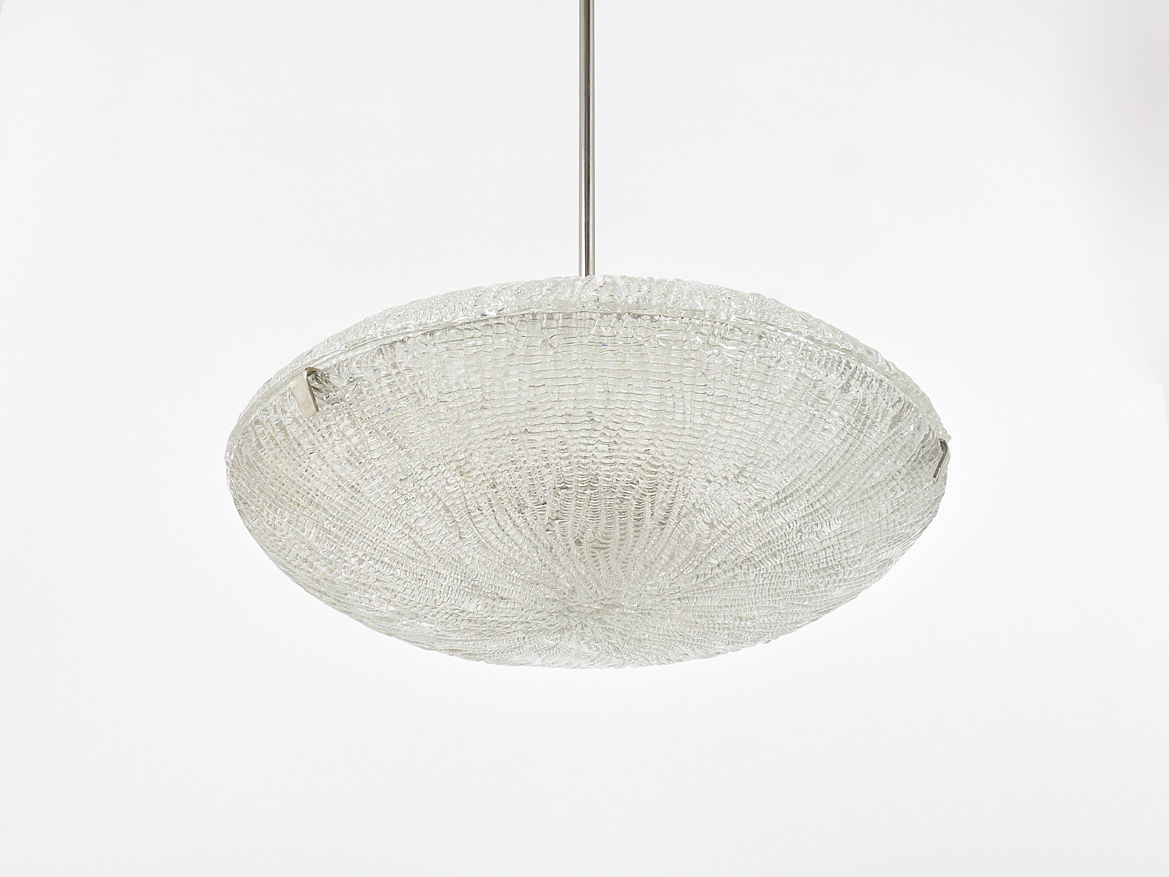 Mid-century Textured Glass and Nickel Kalmar Discus Chandelier, Austria, 1950s
