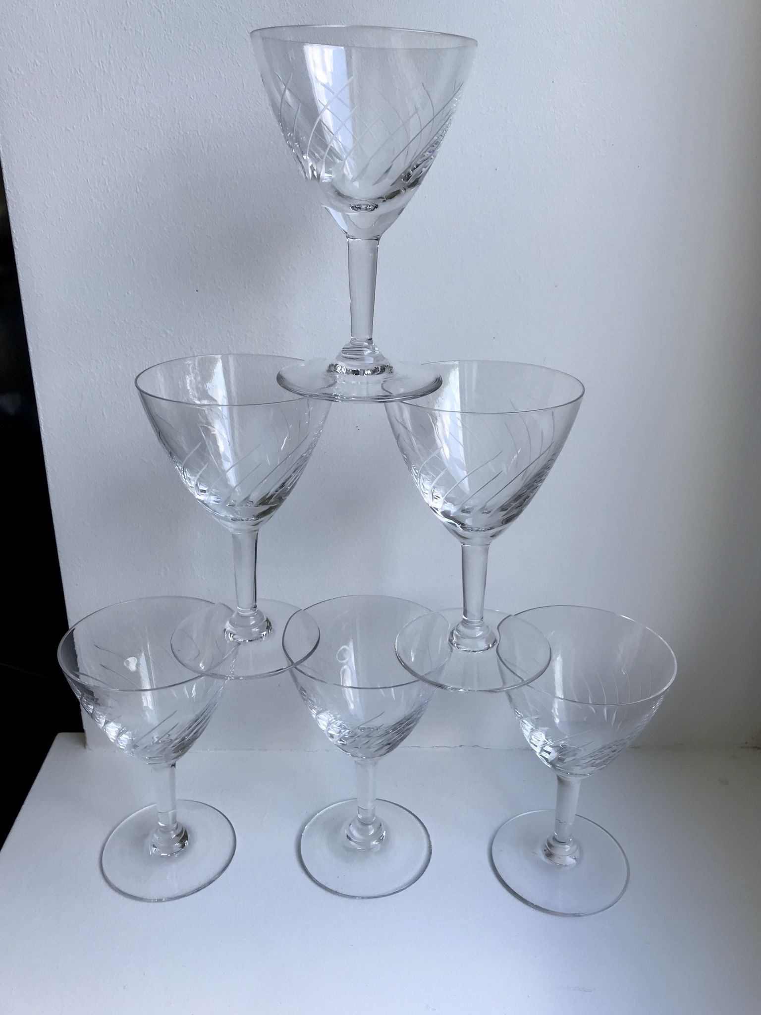Lot 6 crystal wine glasses engraved 50s