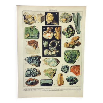 Gravure ancienne 1898, Minéraux 1, roches, pierres précieuses • Lithographie, Planche originale