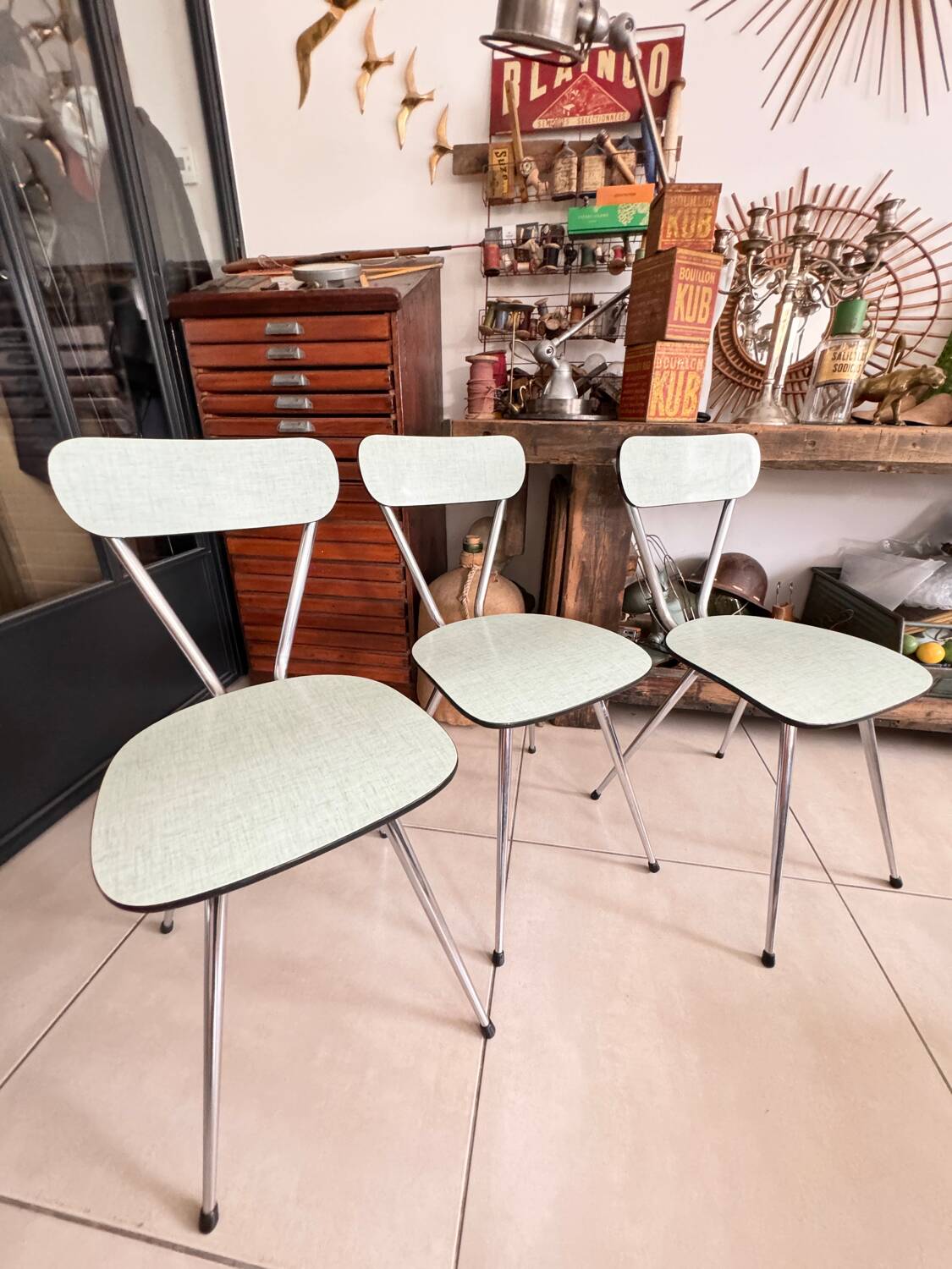 Set of 3 green Formica chairs