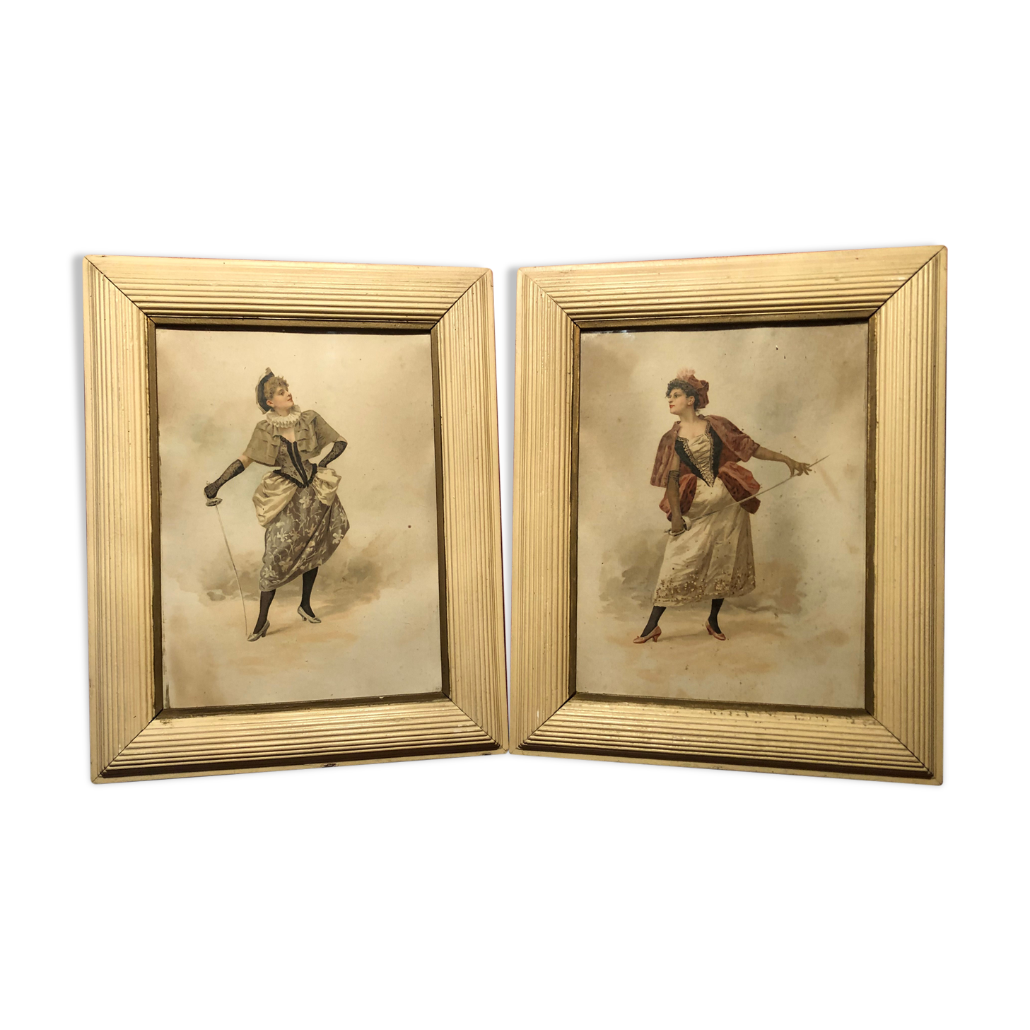 Pair Old Fashion Engraving Color + Frame Wood Vintage Cream