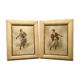 Pair Old Fashion Engraving Color + Frame Wood Vintage Cream
