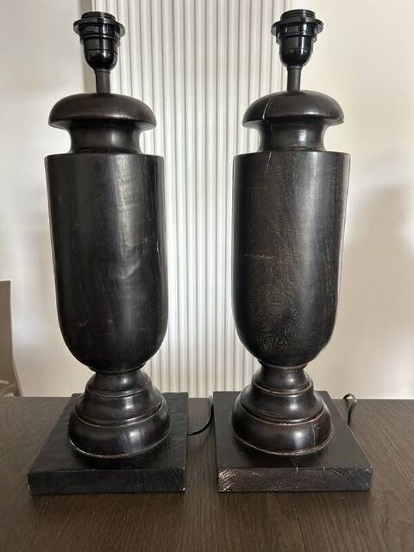 Pied de lampe balustre vintage en bois tourné noirci