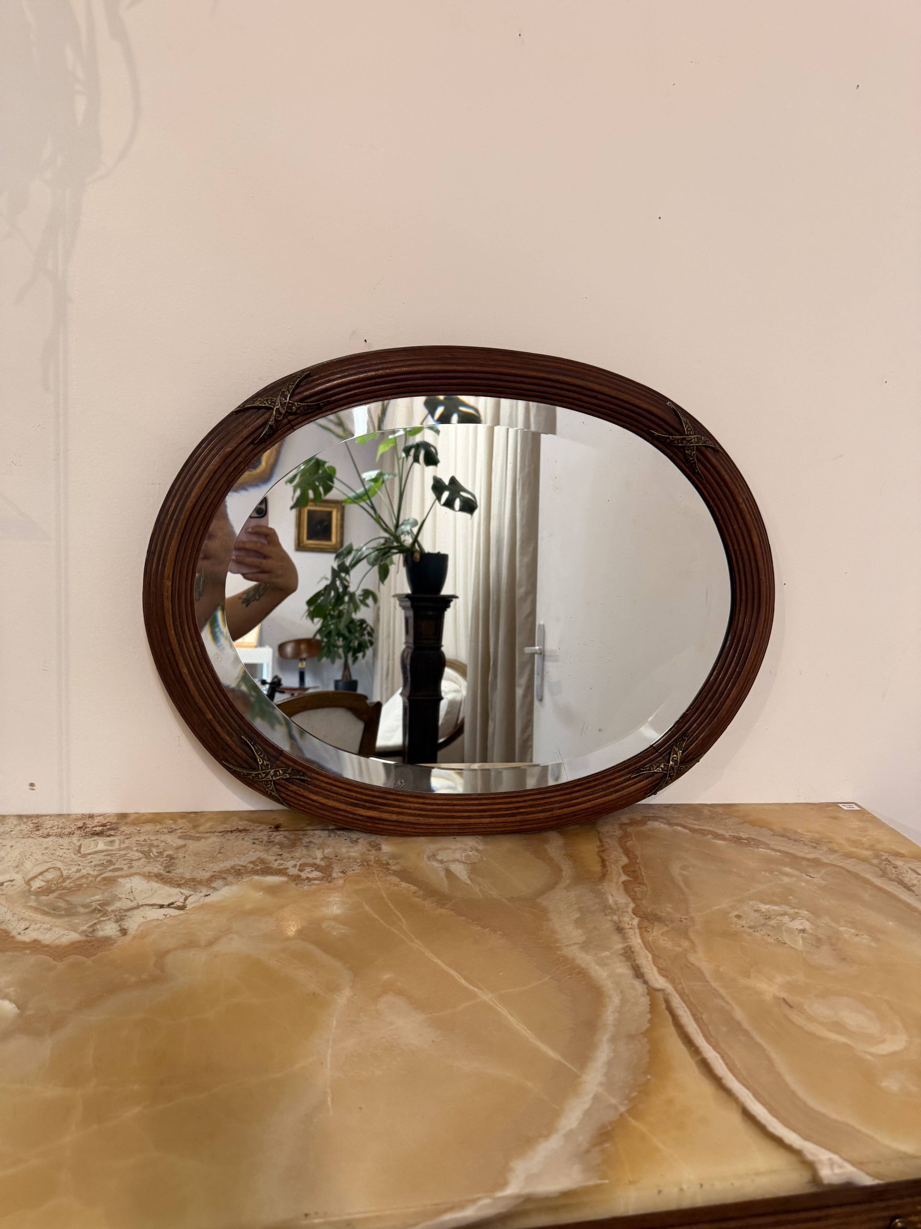 Antique Bevelled Oval Mirror Wood Frame & Bronze Decorations Louis XVI Style