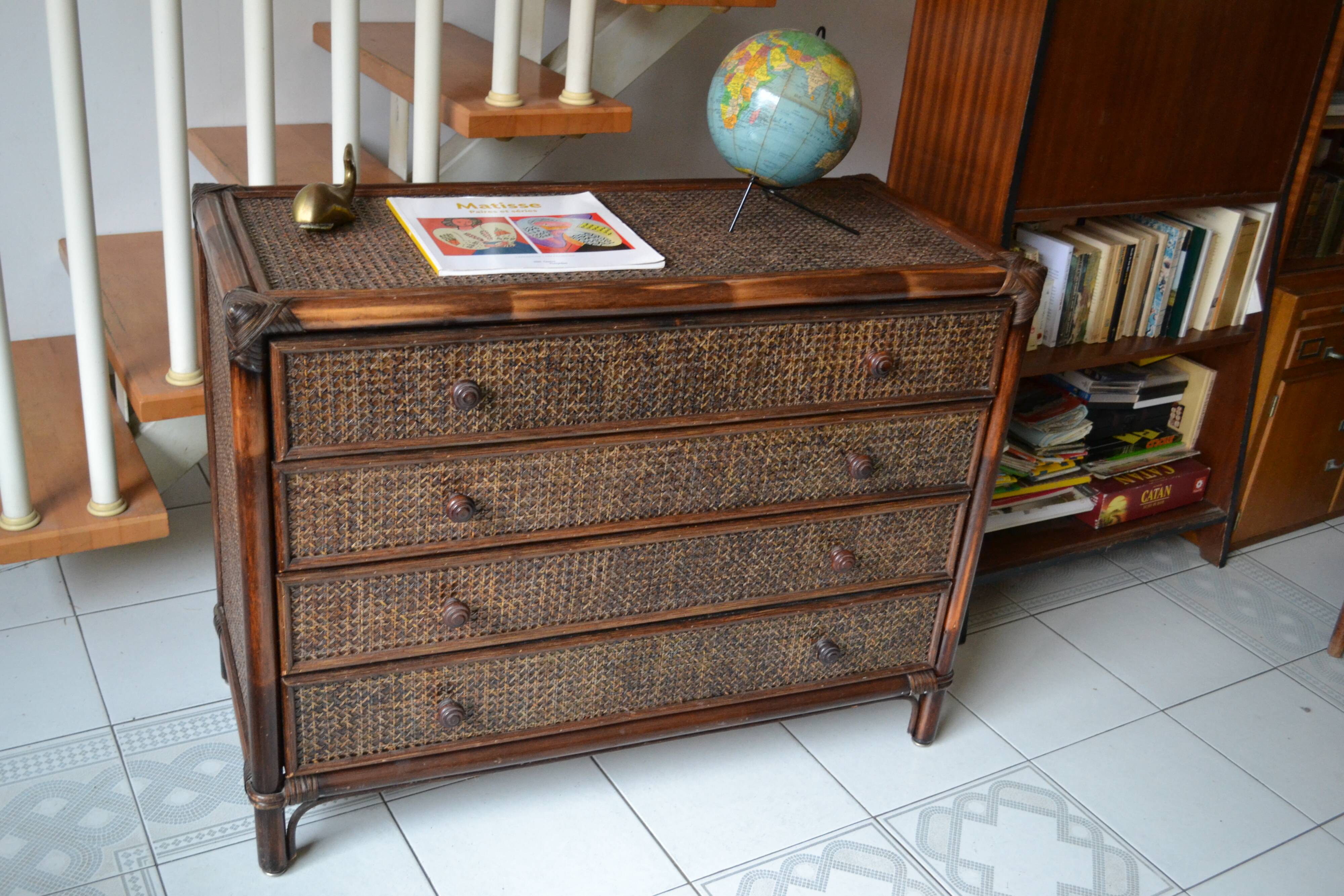 Vintage rattan bamboo chest of drawers