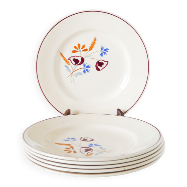 Lot de 6 assiettes plates Salins, motifs Fleurs peintes à la main, 1950