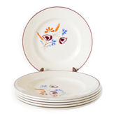 Set of 6 flat plates Salins, hand-painted flower patterns, 1950.