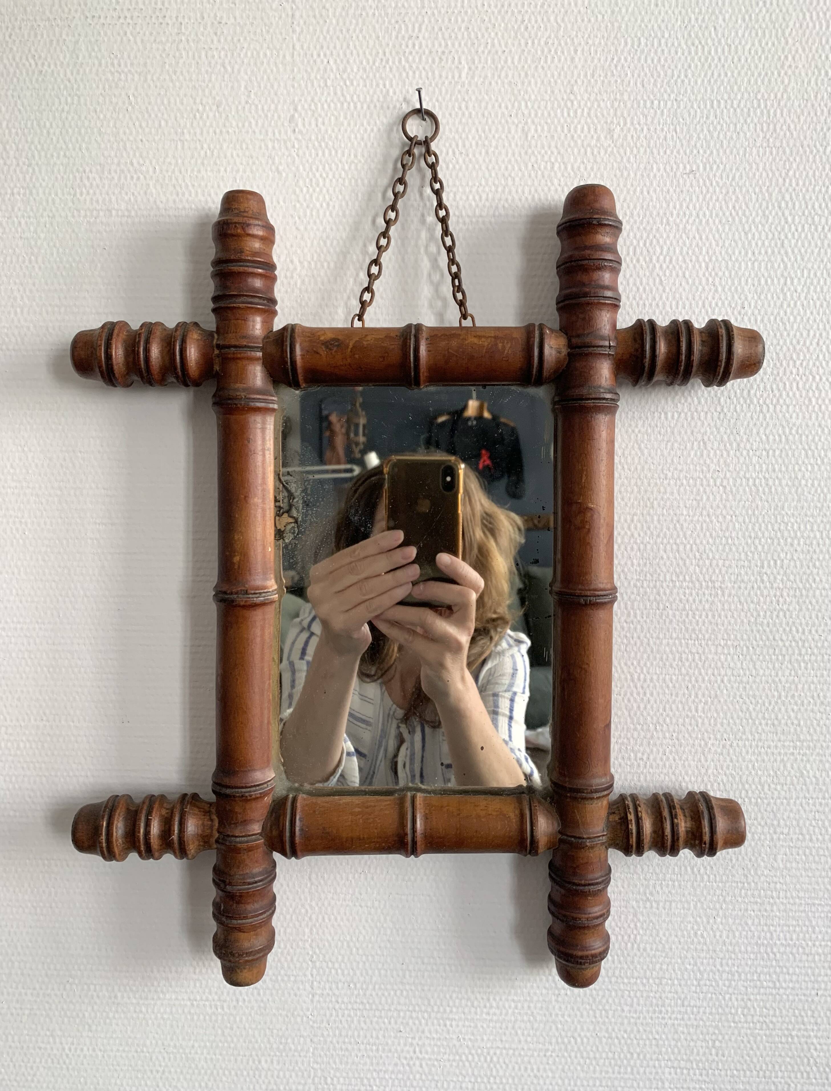 Late 19th century bamboo-style turned wooden mirror