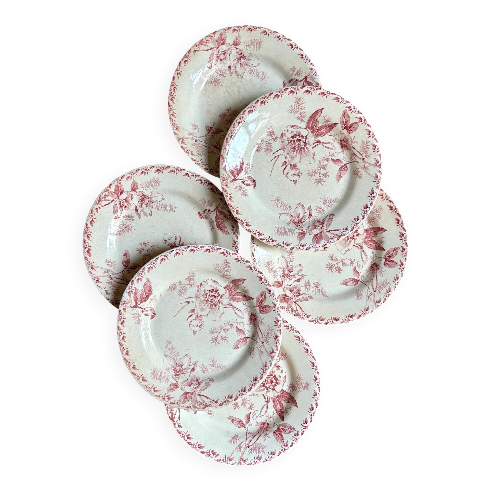 6 assiettes plates Gien en terre de fer rose, service "Roses de Noël"