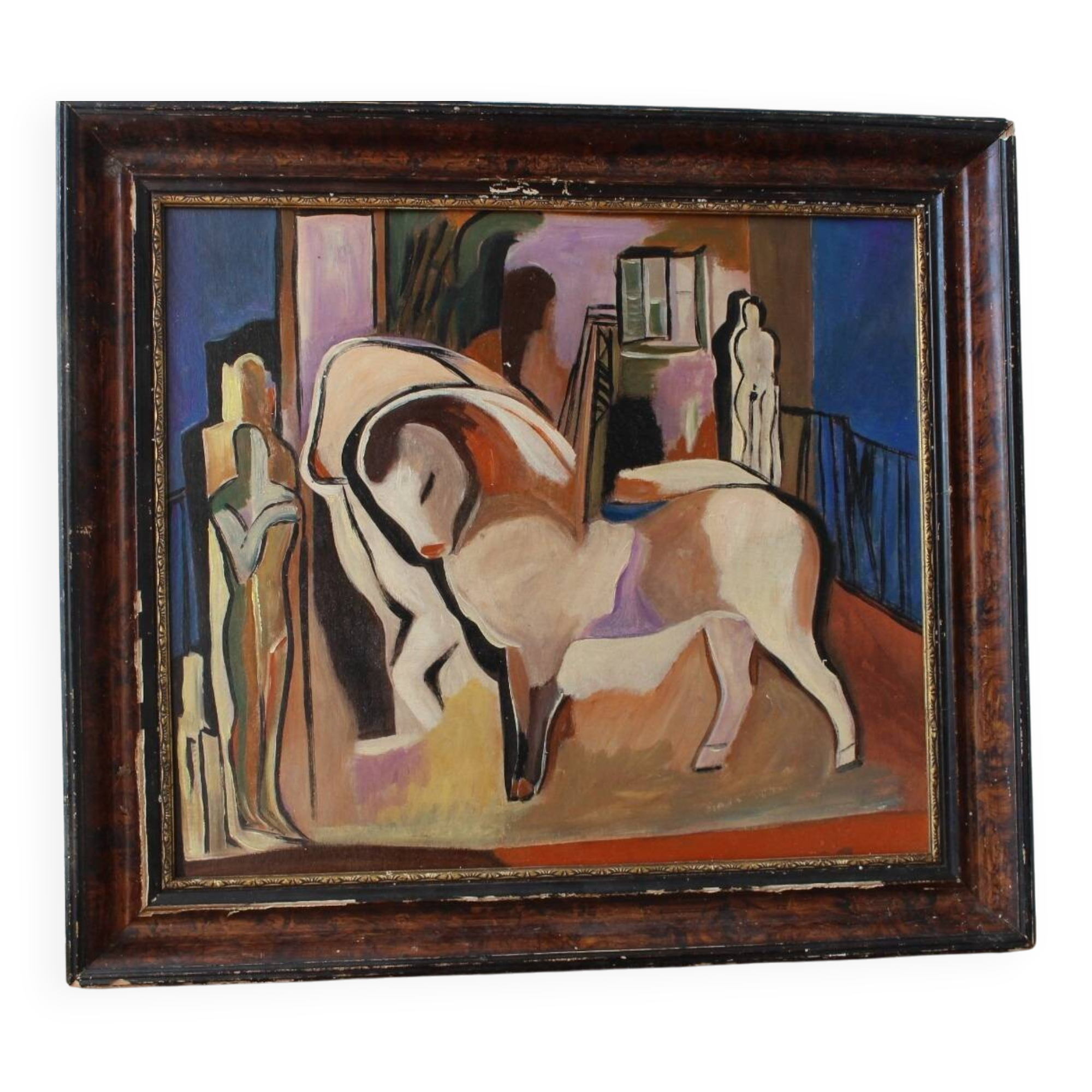 Peinture à l'huile sur toile encadrée représentant un village cubiste de Bela Kadar, années 1970