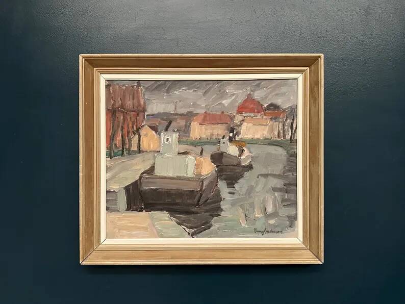 Original Swedish Oil on Canvas –“Harbour” by Georg Andersson – Signed – Vintage & Framed – 52 × 40 cm (20.4" x 15.7")