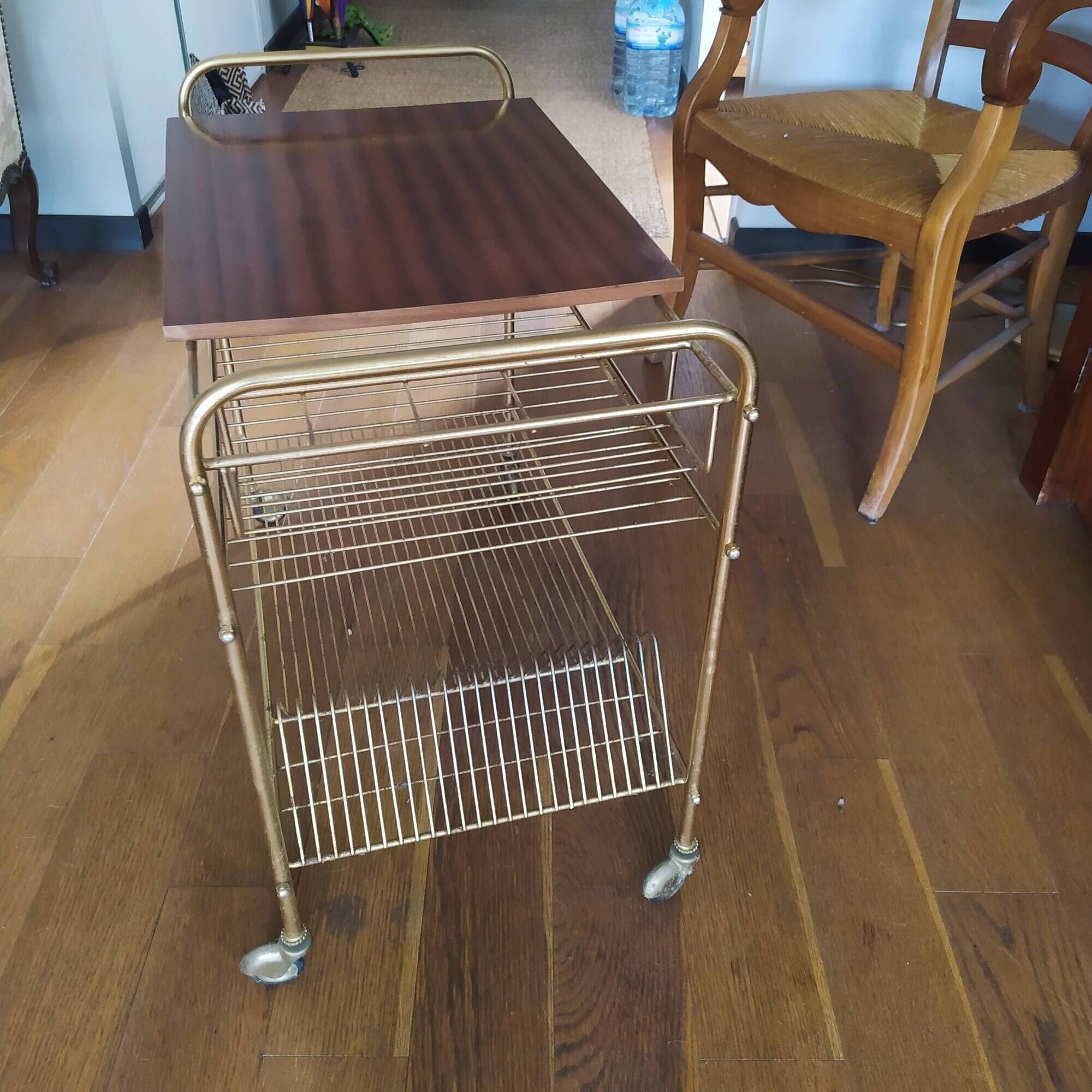 wooden and brass vinyl door trolley from the 1960s/1970s