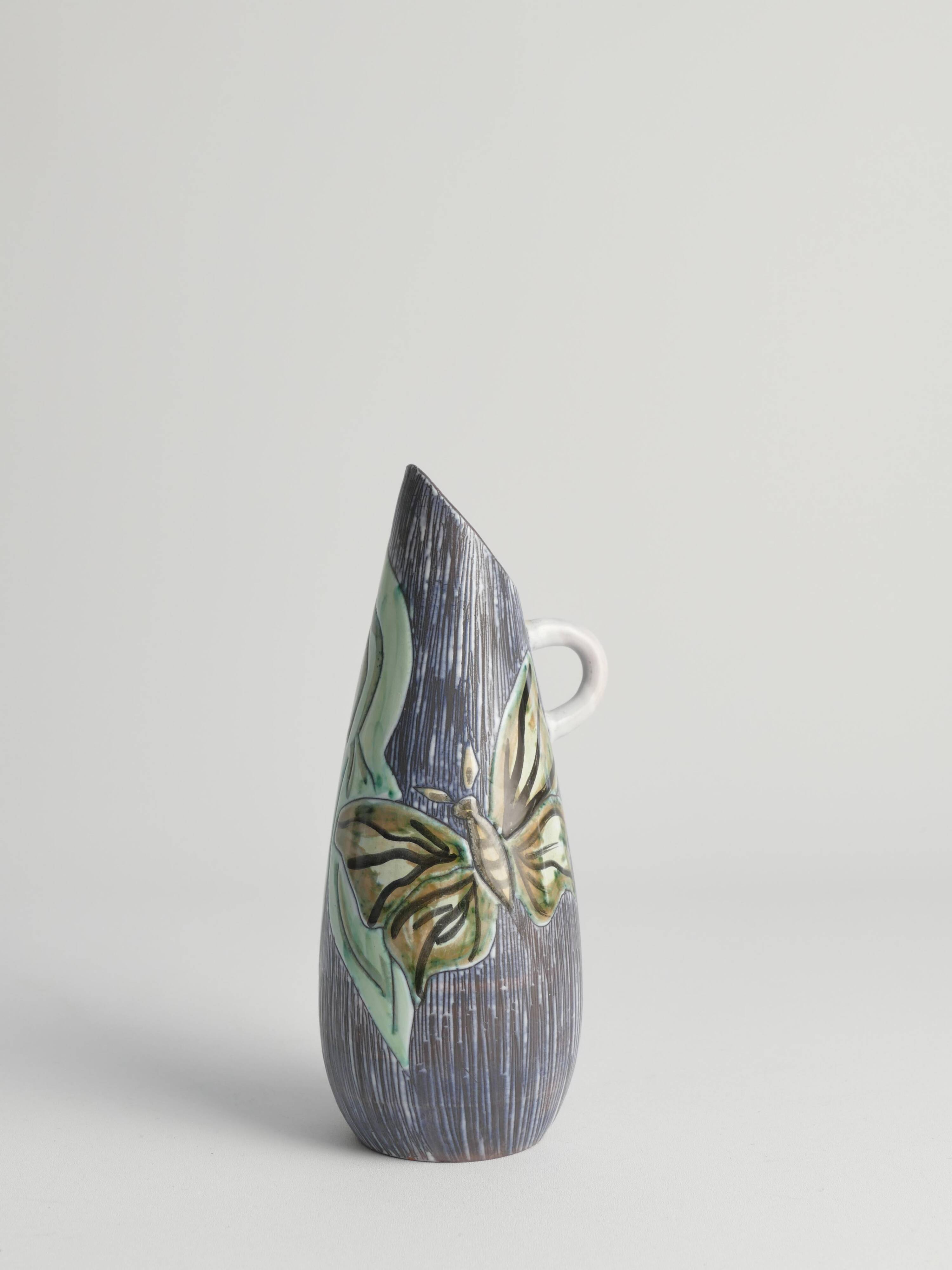 Mid-Century Modern Stoneware Vase with Sgraffito and Butterflies. Sweden, 1950s