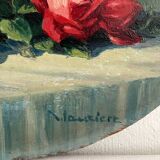 Peinture ancienne huile sur bois ovale jetée de roses années 30