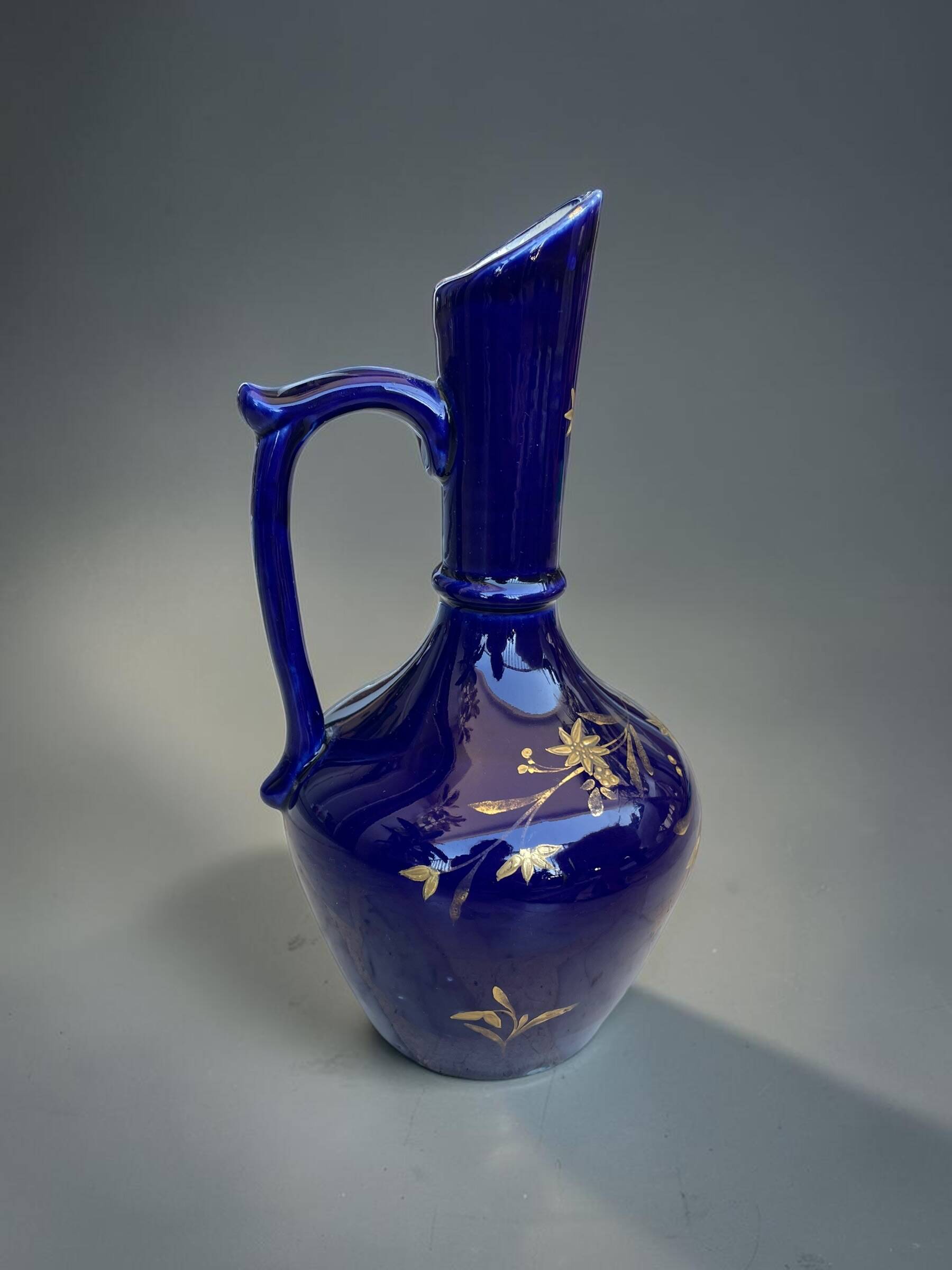 Vintage cobalt blue ceramic jug with gilding, 1950s-70s.