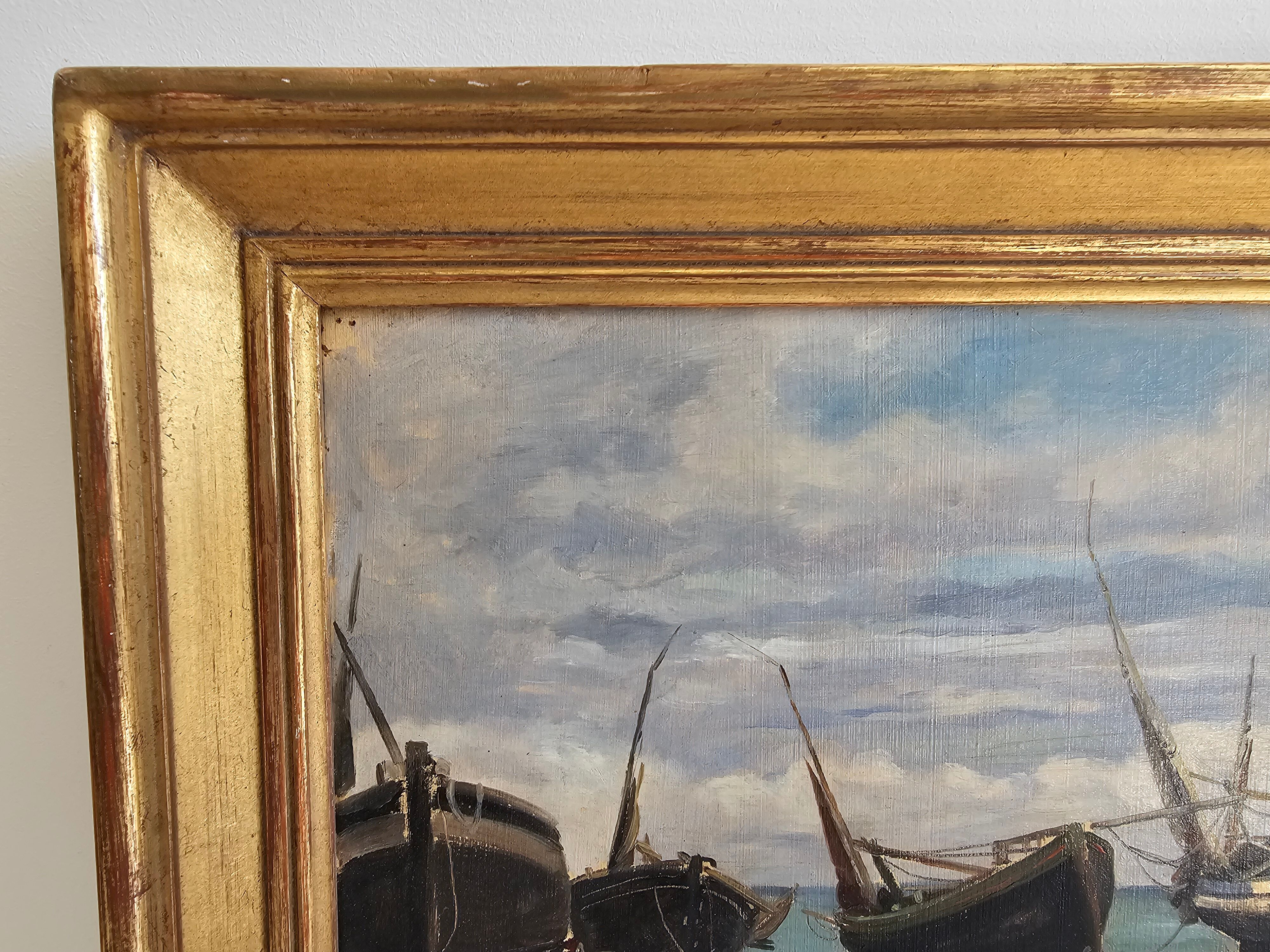 Oil on Panel - Marine Boats on Beach signed (to be identified)