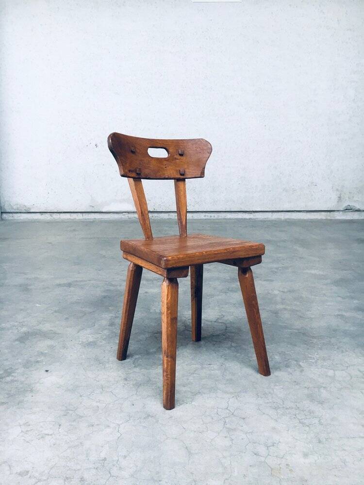 French Folk Art Rustic Dining Chair Set in Oak, 1940s, Set of 6