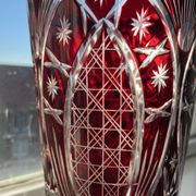Vase en cristal taillé à la main bohémien ou polonais - Vintage - Rubis/Cranberry
