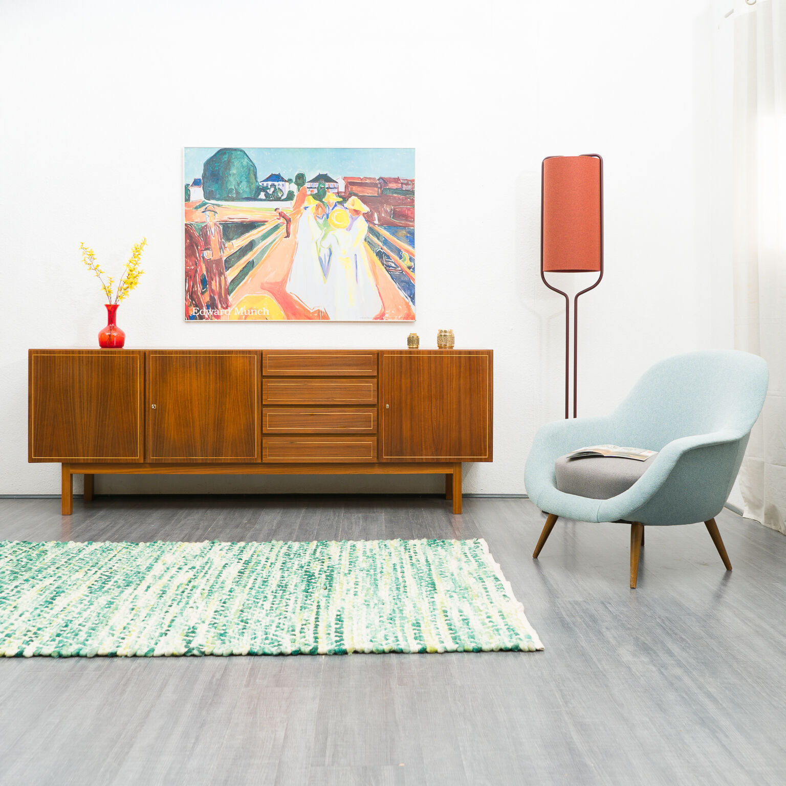 Vintage walnut wood row, restored, 220cm