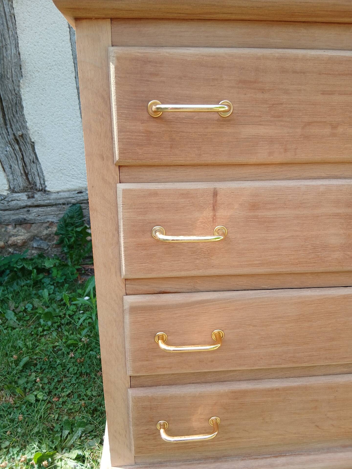 Commode 4 tiroirs pieds compas chêne bois brut