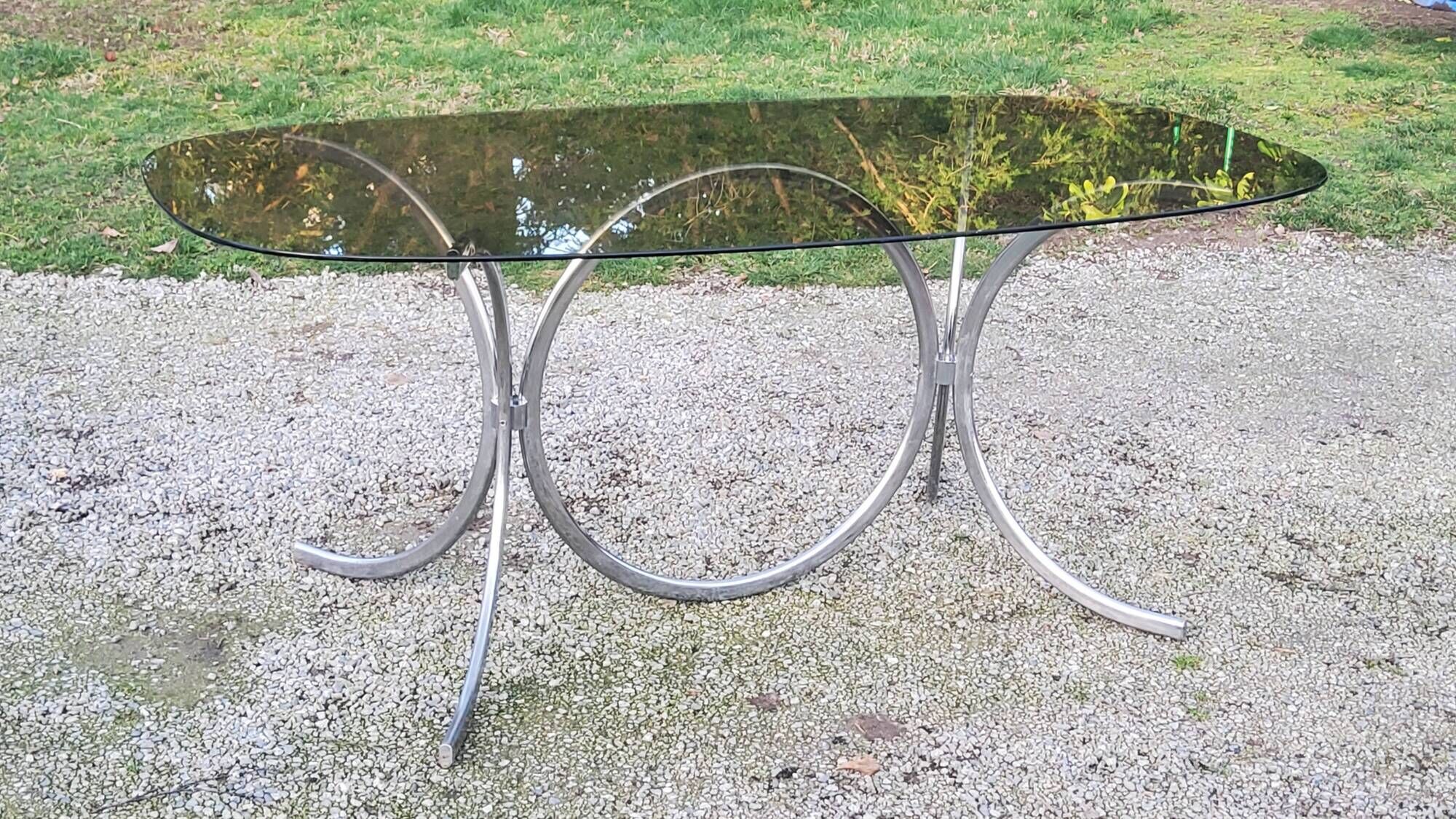 Designer table from the 70s, smoked glass top, chrome base