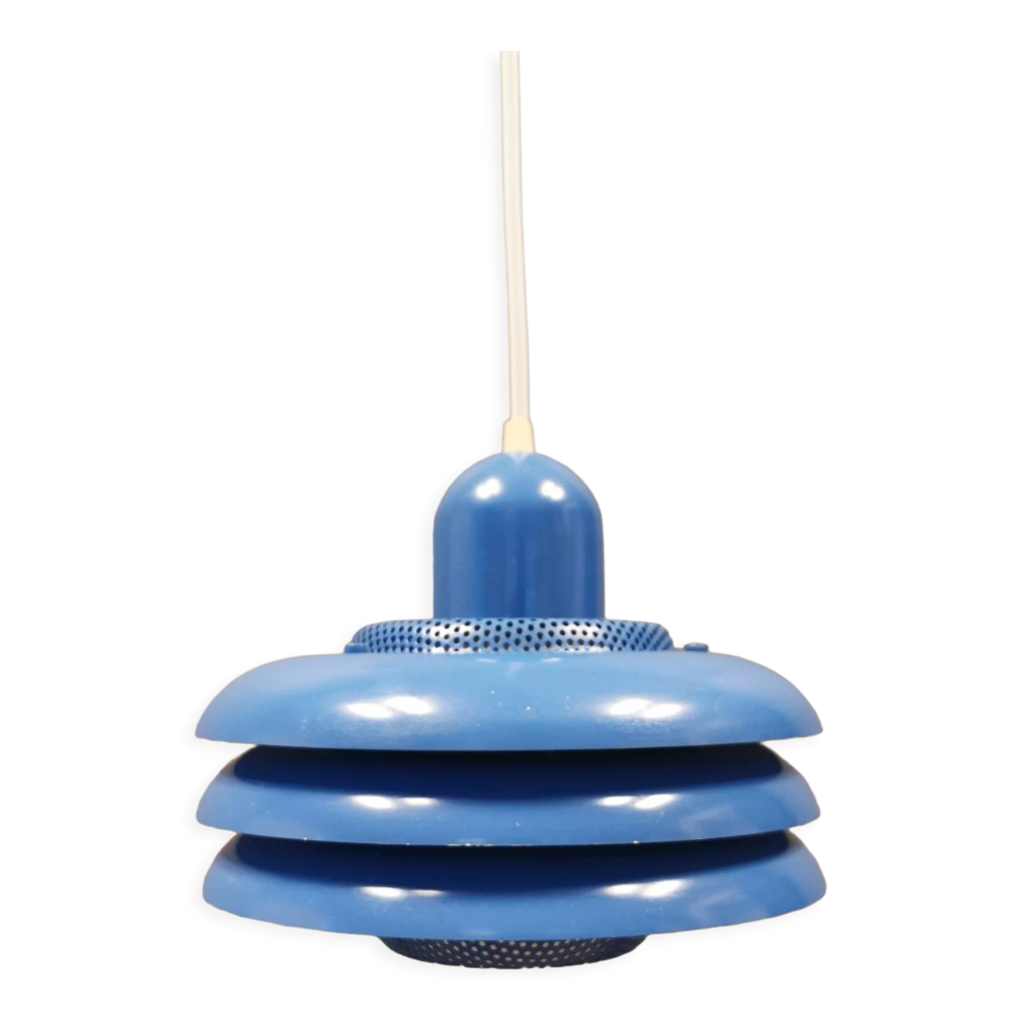 Blue lacquered metal lamp, with several layers of shades, Danish from the 80s.